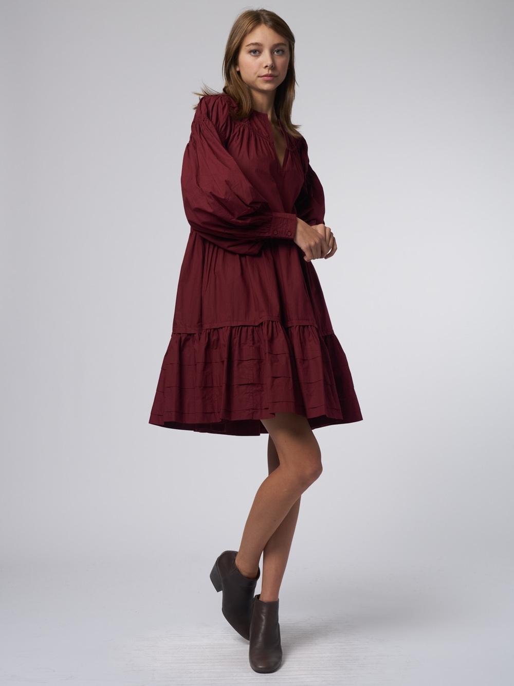 Ulla Johnson Rosa Dress Bordeaux Red Tiered Cotton Mini Size 4